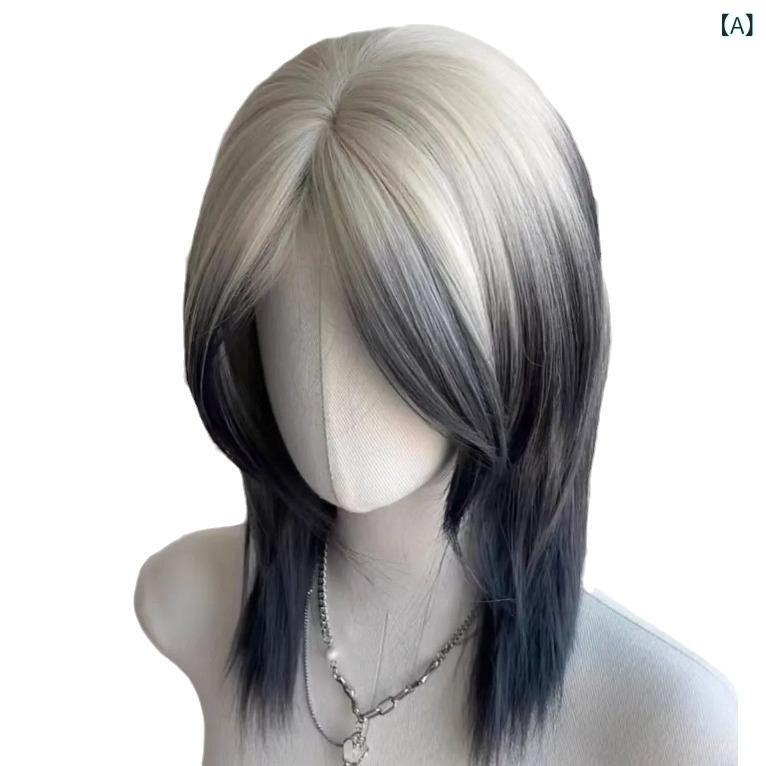 フルウィッグ 男女兼用 ウルフカット ロング 襟足長め マレットヘア グラデーションメッシュ外ハネミディアム中分けハーフアップ小顔普段使いコスプレかつらカツラカジュアルスタンダードベーシックシンプル定番ナチュラルファッション