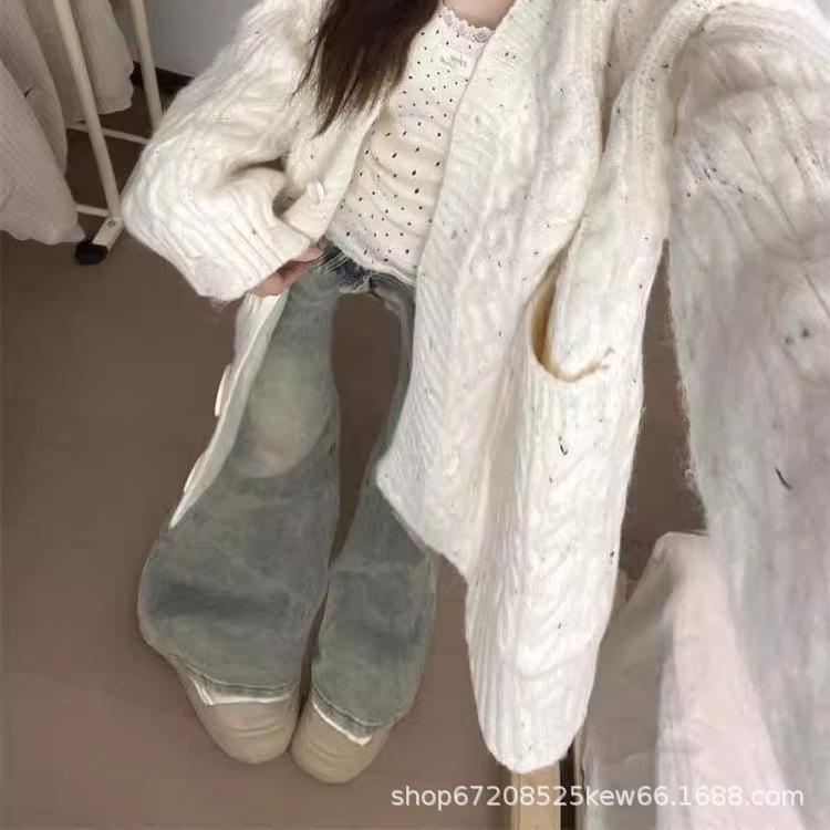 カーディガン レディース Vネック ドット柄 ゆったり 杏色 ニット 秋冬 ロング丈