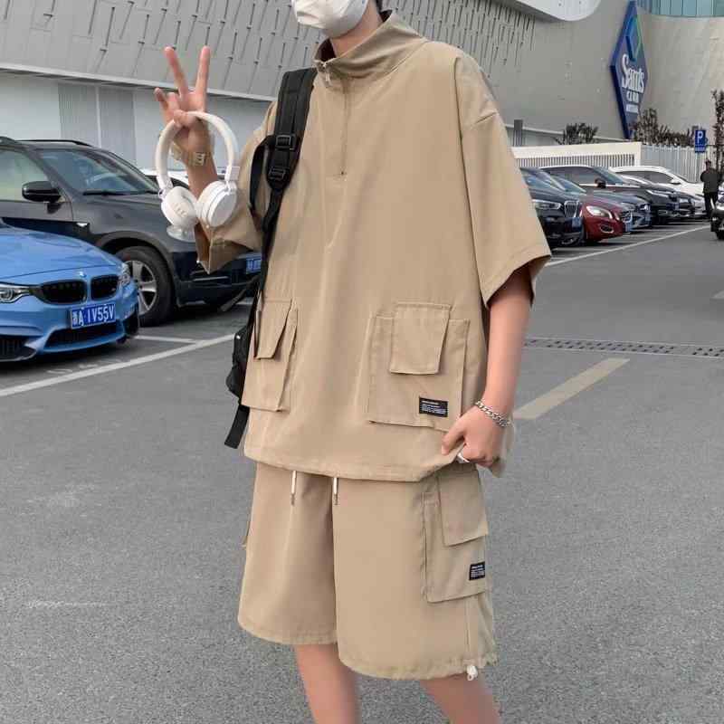 セットアップ メンズ スタンドカラー 半ジッパー 半袖Tシャツ ショーツ 2点セット ワーク風 夏用