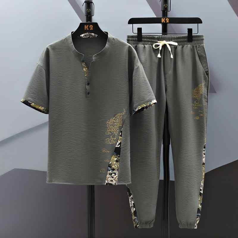 Tシャツ ロングパンツセット メンズ 夏用 冷感 中国風 レトロ コットンリネン 2点セット