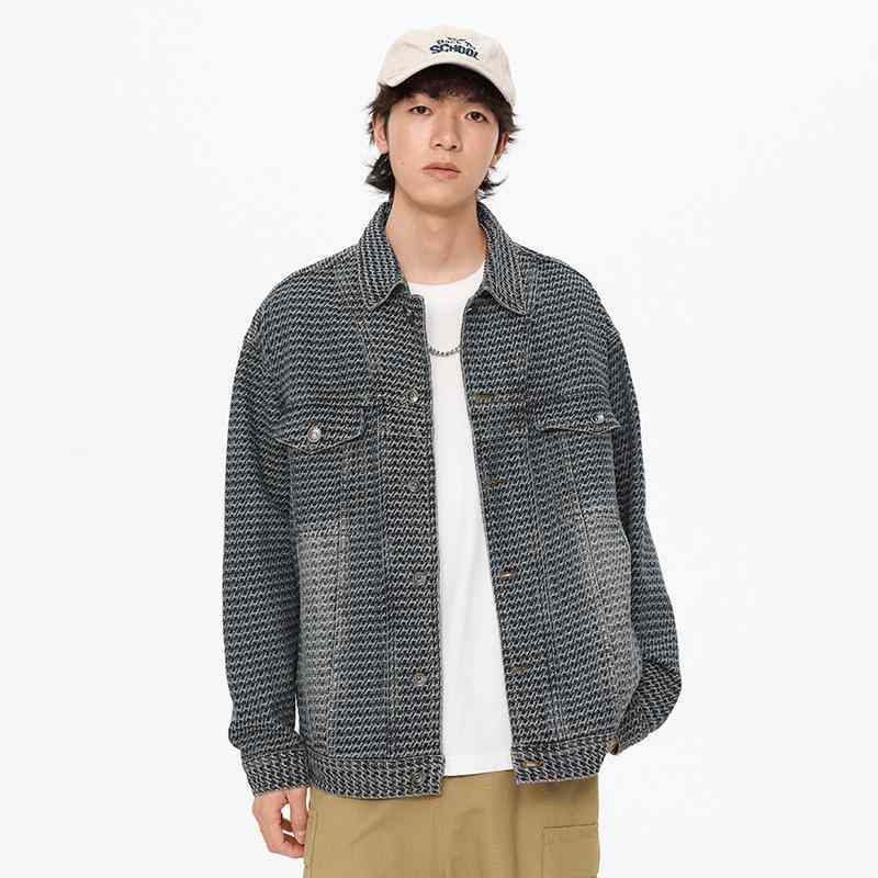 デニムジャケット メンズ フィット レトロ ジャカード加工 ウォッシュド ワークスタイル