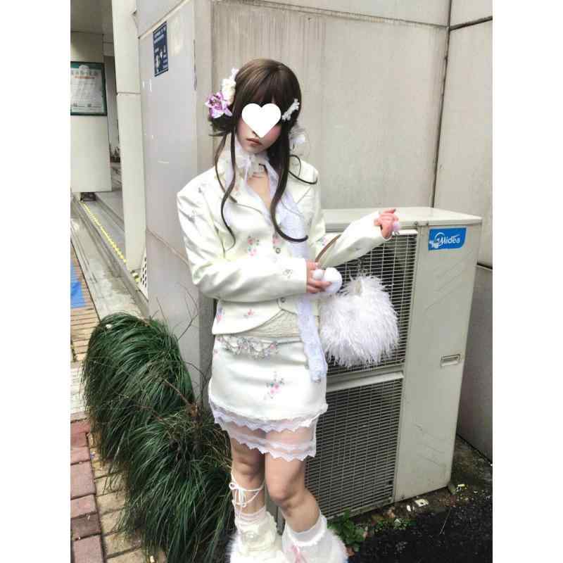 スーツセット レディース 蝶柄プリント レース付きジャケット ウエストシェイプ 半身スカート 2点セット