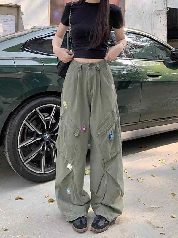 ジーンズズボン下 レディース ワイドレッグ 引っ切り無い 花刺しゅう ミッドライズ 相応うx2
