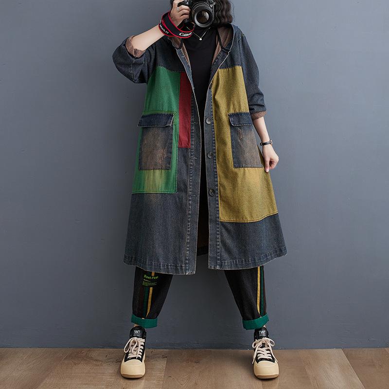 デニムジャケット レディース ゆったりフード付き ロング丈 シングルブレスト 秋冬用