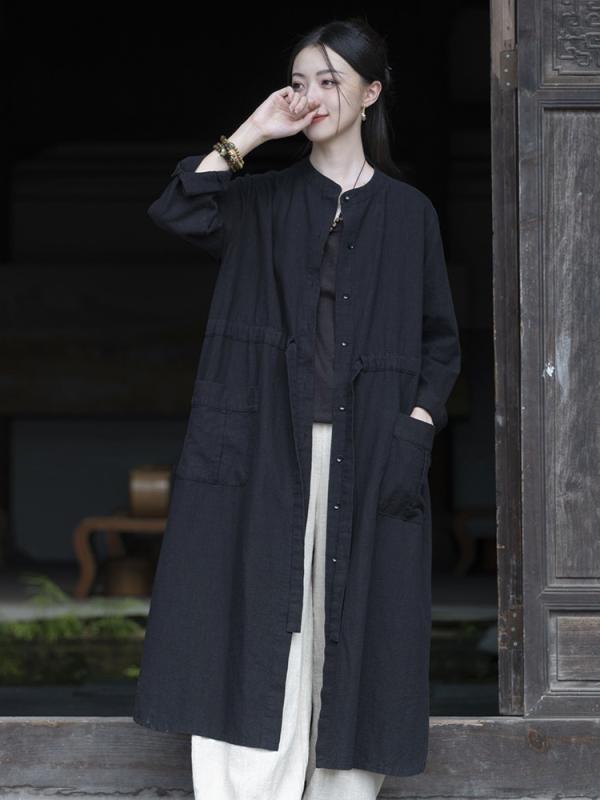 トレンチコート レディース ロング丈 リネン混 ウォッシュド加工 カジュアル アウター
