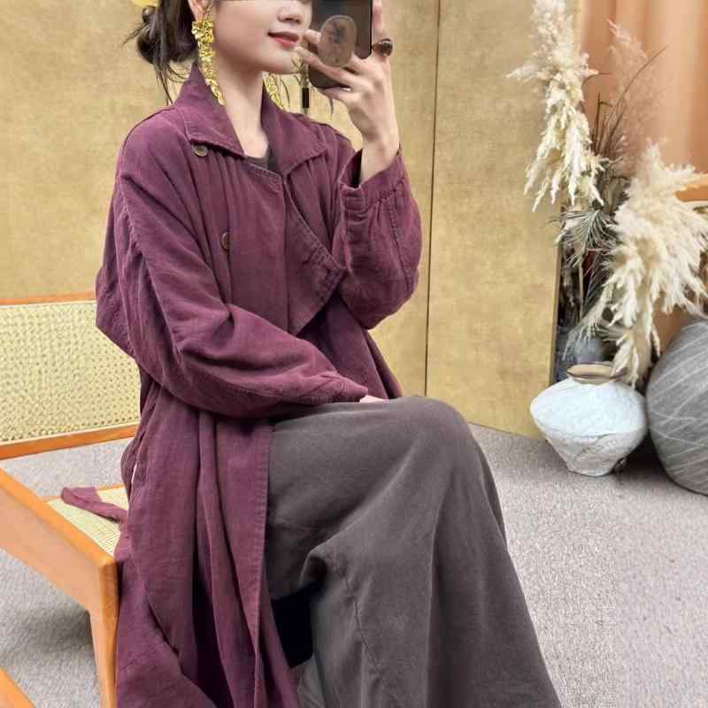 トレンチコート レディース リネン ダブル乳ぶさ 三尺帯付き添い人 ロング丈  心地よいx2