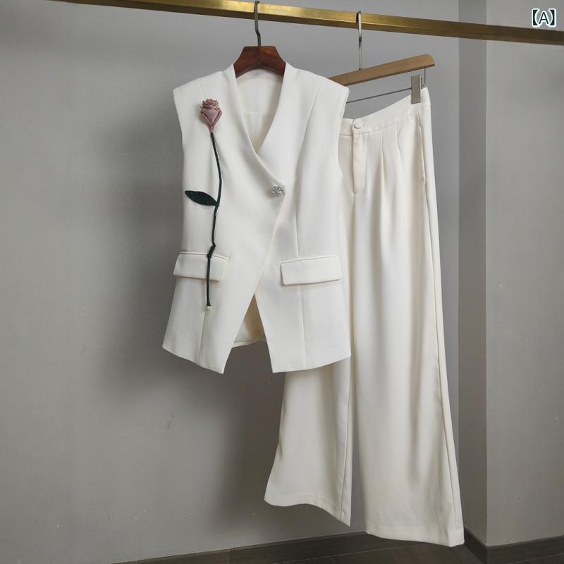 パンツスーツ レディース セットアップ ノースリーブ ベスト ジレ ワイドパンツ 2点セット 上下セット オフィス 通勤 きれいめ カジュアル シンプル ベーシック スタンダード 定番