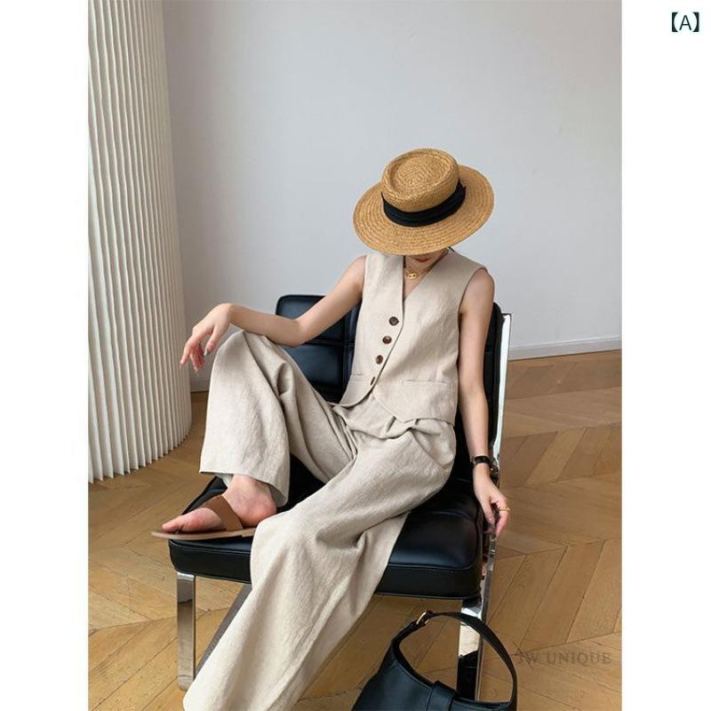 セットアップ レディース ノースリーブ ベスト ジレ ワイドパンツ カジュアル きれいめ シンプル ベーシック 無地 リラックス ゆったり 上下セット パンツスーツ スタンダード お出かけ おしゃれ 普段使い