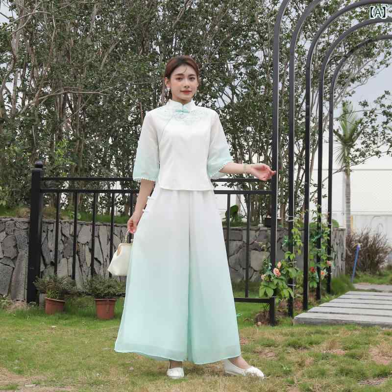 セットアップ レディース 中国風 刺繍 ワイドパンツ 大きいサイズ チャイナ服 上下セット レトロ カジュアル ゆったり きれいめ ベーシック シンプル スタンダード ロングパンツ リラックス 体型カバー｜やすらぎマーケット