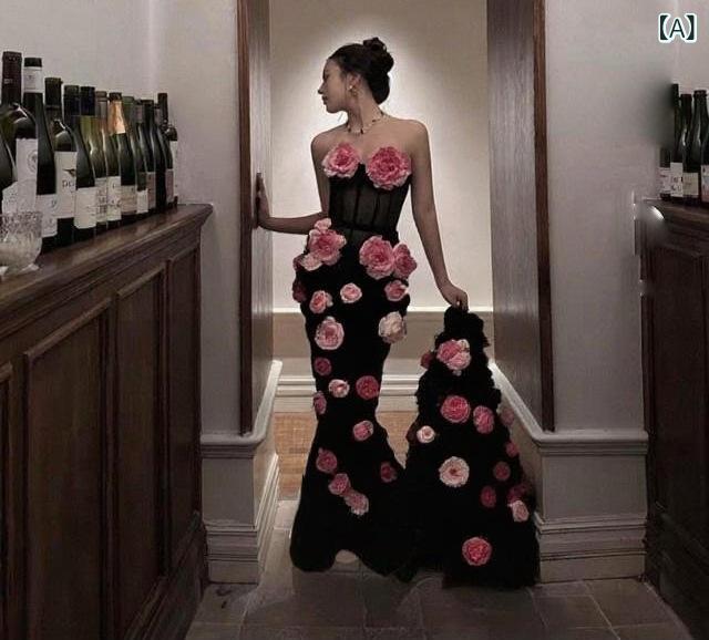 ワンピース レディース ロング丈 花柄 マルチカラー フラワーモチーフ 立体 チュール シアー パーティー ドレス 結婚式 二次会 お呼ばれ 演奏会 発表会 きれいめ エレガント フェミニン 上品 華やか フレア シンプル