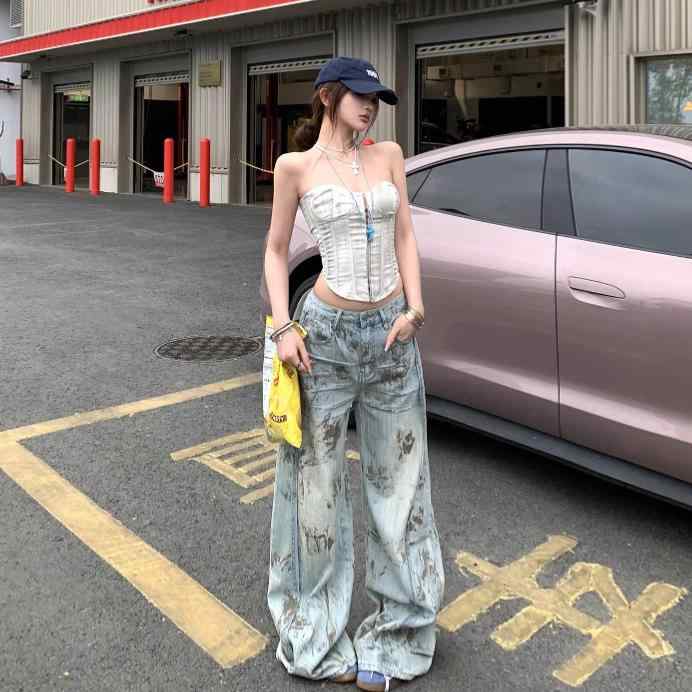 セットアップ レディース キャミソール ビスチェ デニムパンツ ワイドパンツ ロングパンツ 上下セット カジュアル シンプル ベーシック 無地 きれいめ スタンダード