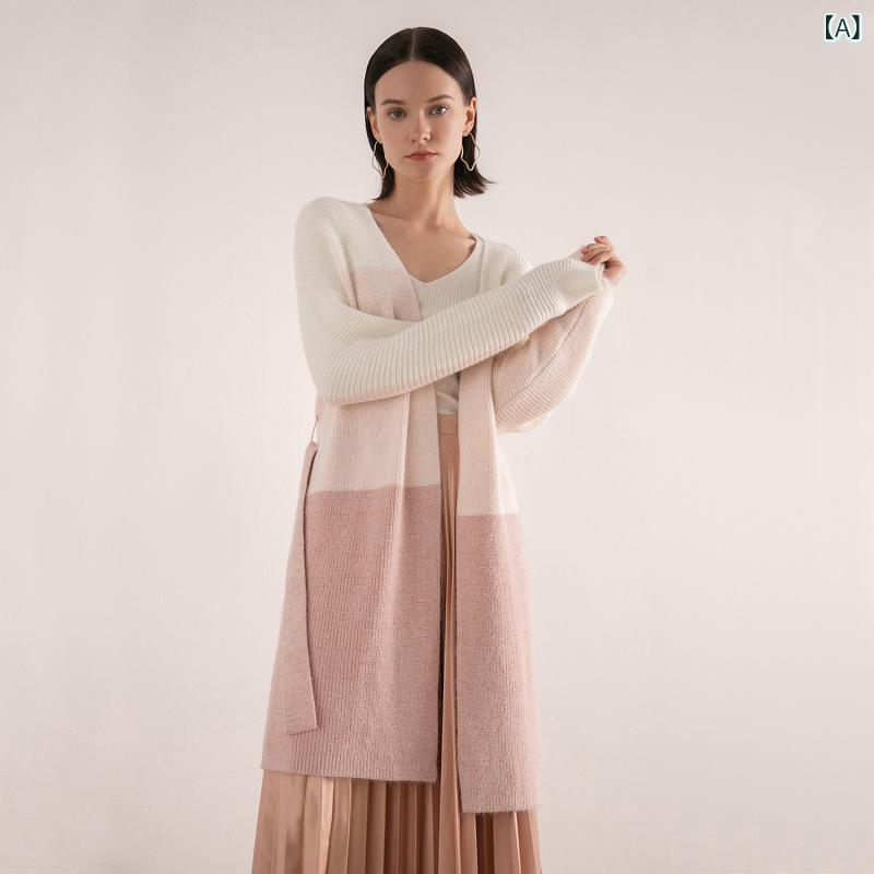 編み物ジレー レディース ロング丈グラデーション長袖ゆったり羽織り ニットトップスアウターカジュアル シンプルベーシック定番標準尺度自然的 前くい違いオーバーサイズビッグシルエット体型取りまかなう