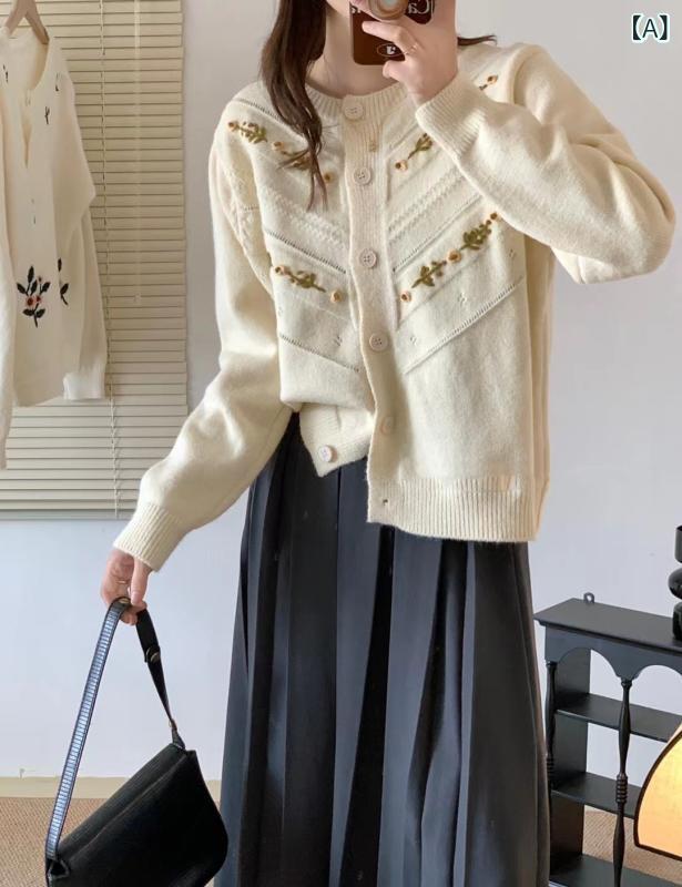 ニットカーディガン レディース 花柄刺繍フラワーレトロ前開き長袖トップス ゆったり羽織りライトアウター 華やかフェミニンカジュアルきれいめおしゃれ大人かわいい ベーシックスタンダードシンプルナチュラル