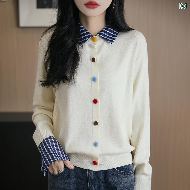ニットカーディガン レディース 襟付きチェック柄 前開きカラフルボタン ゆったり羽織り セータートップス カジュアルシンプルベーシック定番スタンダードナチュラル