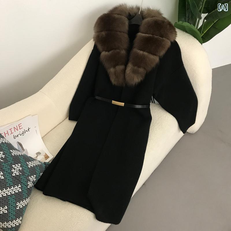 編み物ジレー レディース ロング丈朦々たる毛革付き添い人長袖羽織り アウターゆったり影ぼうし前開き 窈窕たる好いたらしいめ成年者心地好い シンプルベーシック定番判定基準 自然的