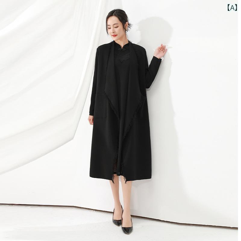 編み物ジレー レディース ロング丈不規則さ裾ゆったりビッグ影ぼうし 羽織りトップスショールカラー無地長袖前開き 今めかしいシンプルベーシック 定番心地よい 自然的成年者雅びやか好いたらしいめ着回し普段使い走りデイリーお部屋着