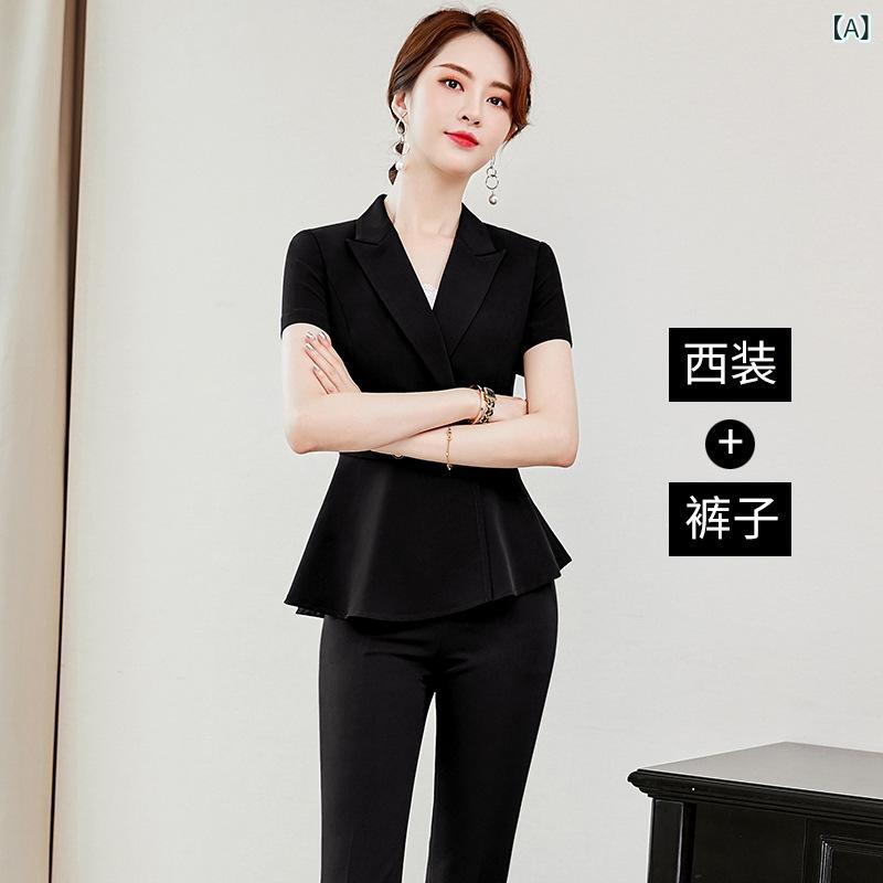 パンツスーツ レディース セットアップ 半袖 夏用 2点セット ジャケット スラックス 事務服 制服 美容師 美容院 エステ サロン 接客 受付 ウォッシャブル ビジネス ストレッチ 大きいサイズ 冠婚葬祭 フォーマル