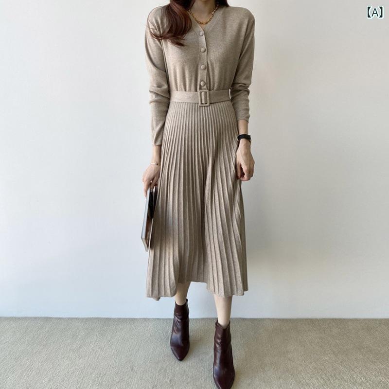 ニットワンピース レディース ロング丈 フレア 長袖 きれいめ カジュアル シンプル 無地 上品 大人 着回し ベーシック 定番 リラックス スタンダード ウエストマーク