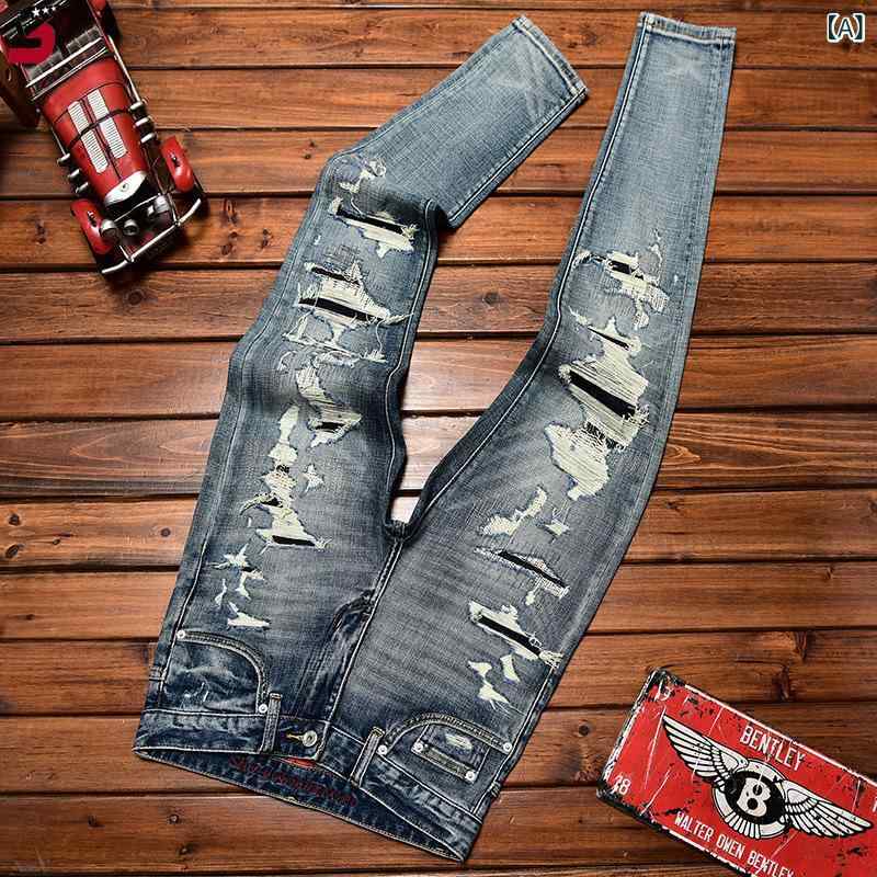 ジーンズ メンズ ダメージ加工 テーパード スリム ボトムス ロングパンツ カジュアル パッチワーク デニムパンツ ジーパン 定番 ベーシック スタンダード きれいめ シンプル リラックス
