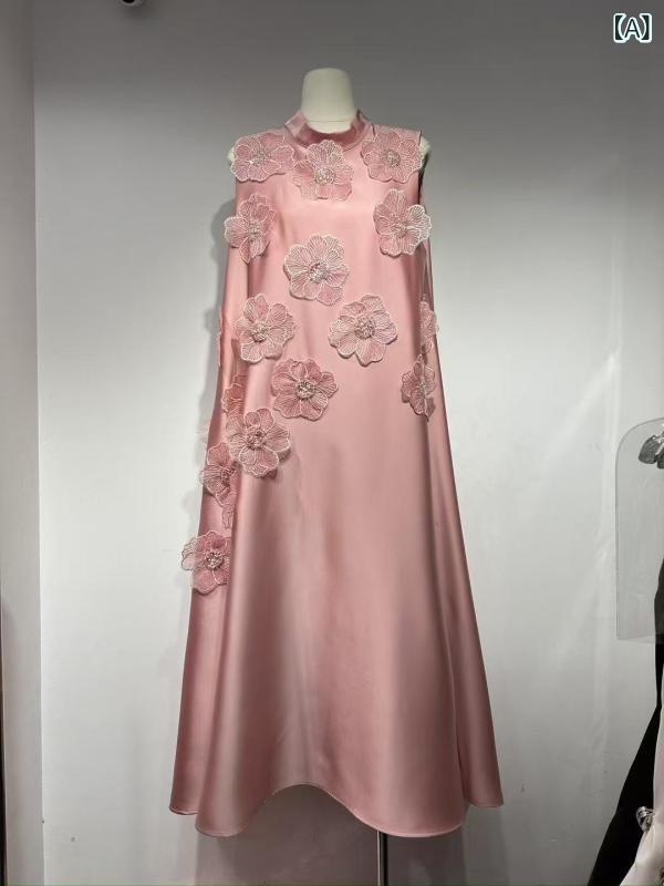 衣装 レディース ノースリーブ ロング丈 花柄 立体 御花 ビジュー かざり付ける ゆったり 伸び伸びする 太陽フレア 今めかしい 好いたらしいめ 心地よい 女子らしい 分かりやすい 第一義的  雅びやか 成年者 体型押しかぶせる マキシ丈