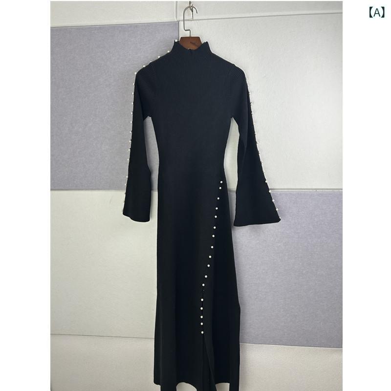 衣装 レディース 編み物 パール かざり付ける きつい 長袖 膝丈 フラウンス 好いたらしいめ 雅びやか 分かりやすい 第一義的 定番  普段使い走り お出かけ 表現スタイル引きあげる 伸び伸びする 心地よい