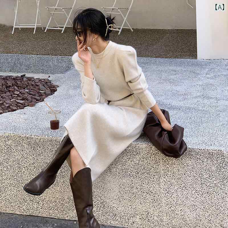 ニットワンピース レディース パフスリーブ ミモレ丈 クルーネック 無地 きれいめフェミニン上品清楚シンプルベーシック定番スタンダードカジュアルナチュラル｜やすらぎマーケット