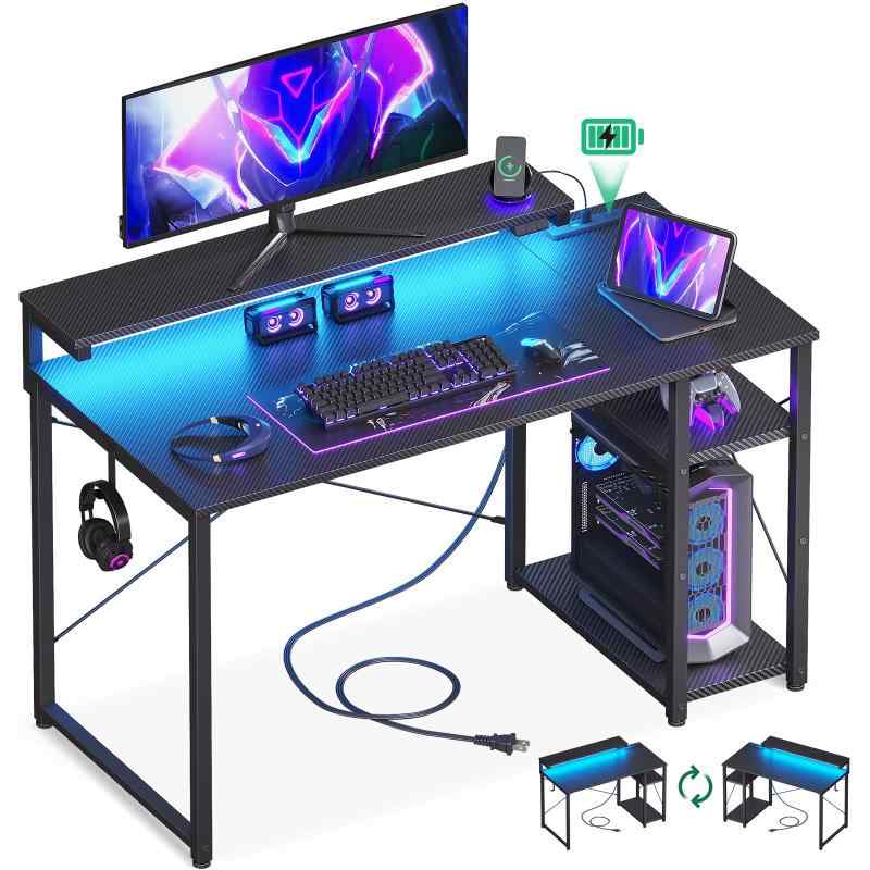 AODK ゲーミングデスク パソコンデスク ラック&コンセント付き 幅100/120cm 机 pcデスク ゲームデスク gaming desk モニター台&LED付き ゲーミングテーブル 左右入れ替え対応 カーボン調