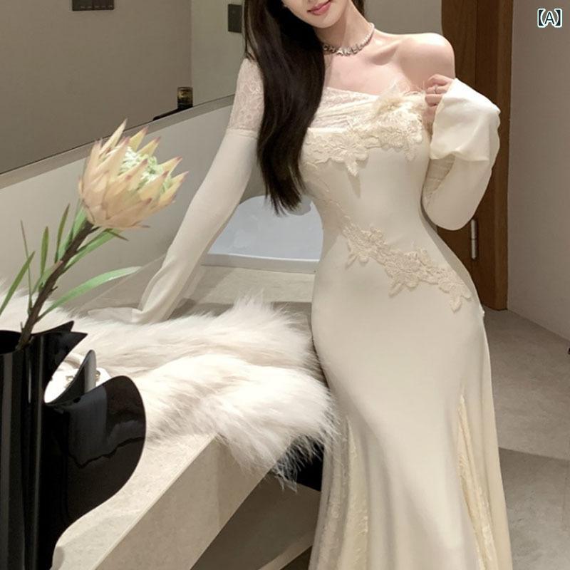 ワンピース レディース ロング丈マーメイドシルエット ニット切替レース タイトシルエットロングワンピース きれいめ上品華やか 異素材 スタンダードベーシック定番ナチュラルシンプルカジュアル