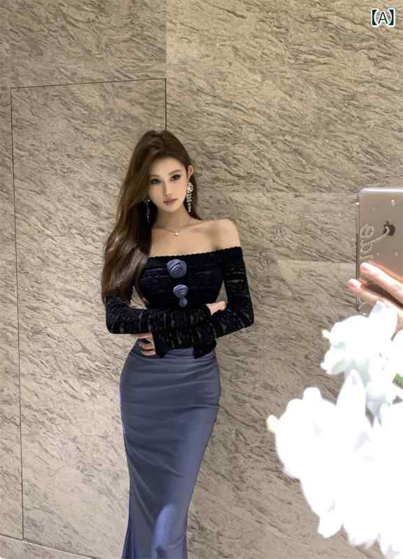 ロングワンピース レディース マーメイドライン レース切替 オフショルダー タイトシルエット ロング丈ハイウエスト切替エレガントパーティードレス二次会お呼ばれ披露宴上品きれいめシンプルベーシック定番ナチュラルスタンダード｜やすらぎマーケット