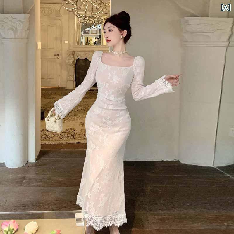 ワンピース レディース 総レース ウエストマーク スリムシルエット ロング丈 パーティードレス結婚式二次会お呼ばれフォーマル膝丈エレガントフェミニン大人上品きれいめシンプルベーシック定番スタンダードナチュラル