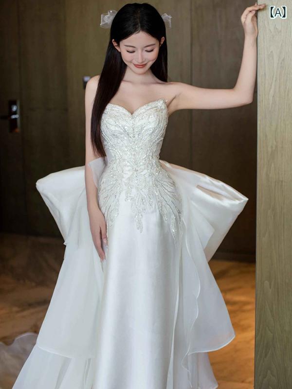 ウェディングドレス レディース マーメイドライン サテン ベアトップ トレーン 結婚式二次会披露宴前撮りフォトウェディング花嫁ドレスロングドレスパーティードレスロング丈シンプルベーシック定番ナチュラル