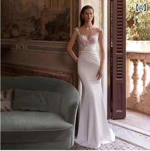ウェディングドレス レディース マーメイドライン ロング丈 結婚式二次会披露宴花嫁前撮りフォトウェディング サテンレース キャミソールエレガント上品シンプルベーシック定番スタンダードカジュアルナチュラル