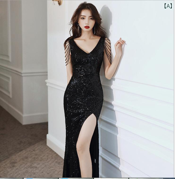 パーティードレス レディース 美シルエットロング丈 スリット入りマーメイドライン フィッシュテール お呼ばれ結婚式二次会披露宴演奏会発表会 ブラックエレガント上品大人きれいめフォーマルシンプルベーシック定番スタンダードカジュアルナチュラル