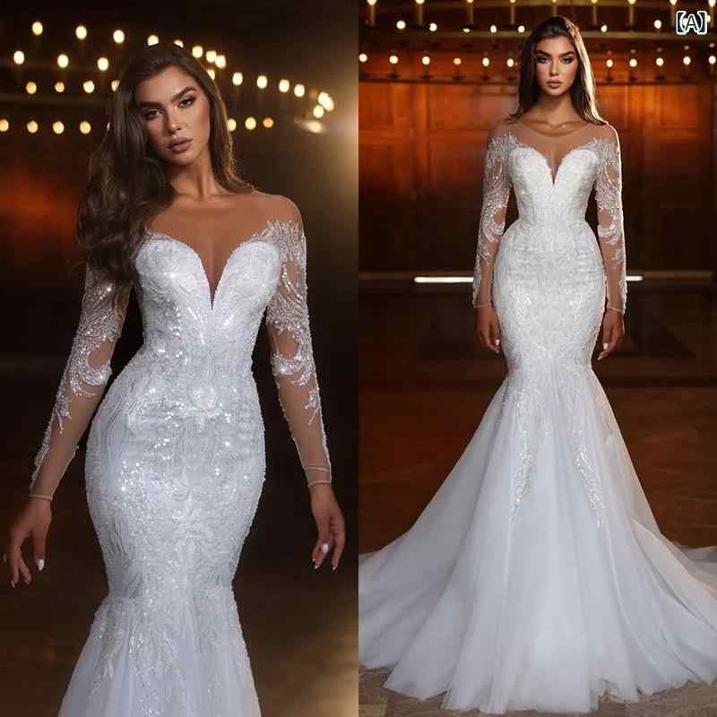 ウェディングドレス レディース 長袖マーメイドラインサテンレース 二次会披露宴花嫁 ロングドレス結婚式挙式 前撮りフォトウェディング 上品エレガントシンプル ベーシック定番スタンダードカジュアルナチュラル