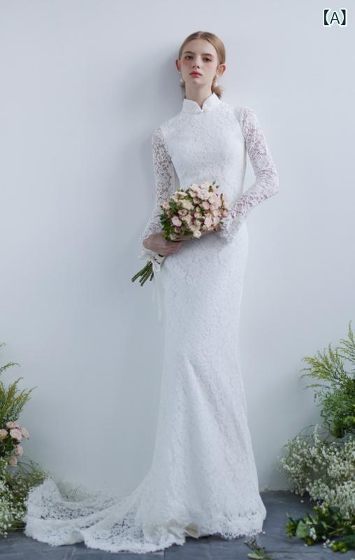ウエディングドレス レディース マーメイドライン ハイネック 長袖 レース 結婚式披露宴二次会前撮りフォトウエディング海外挙式挙式ドレスロング丈エレガントクラシック上品ナチュラルシンプルベーシック定番スタンダード|やすらぎマーケット