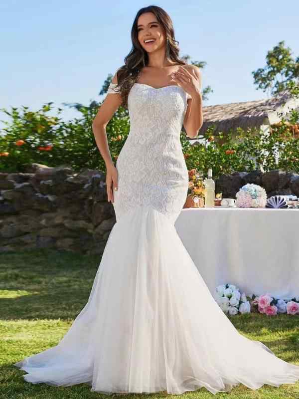 ウェディングドレス レディース マーメイドライン オフショルダー ロング丈 レース編み上げ 結婚式披露宴二次会花嫁挙式ブライダルドレスフォトウェディング演奏会発表会前撮り後撮りドレスシンプルベーシック定番スタンダード