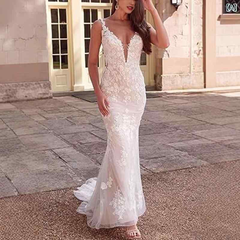 ウエディングドレス レディース マーメイドライン 総レース ロングドレス トレーン 結婚式挙式披露宴前撮りフォトウェディング二次会花嫁ドレス細見えエレガントシンプルベーシック定番スタンダードナチュラルカジュアル