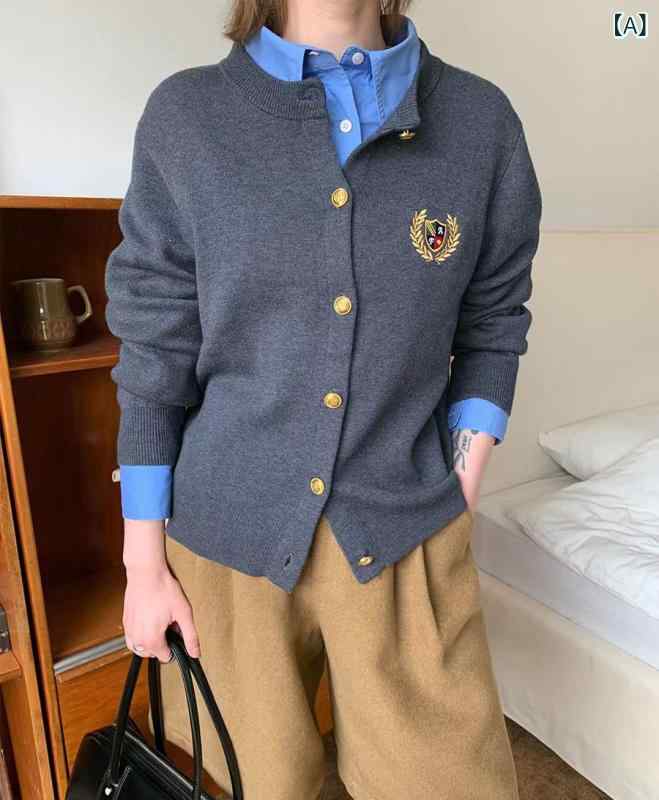 ニットカーディガン レディース クルーネック丸首刺繍ショート丈ゆったり羽織り トップスニットアウターカジュアルベーシック シンプル定番スタンダードナチュラル 大人おしゃれきれいめかわいい普段使い着回し 重ね着無地体型カバーニットウェア長袖上着前開き