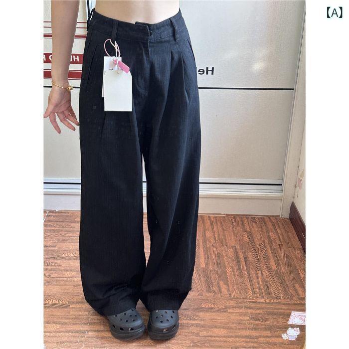 ワイドパンツ レディース デニム ブラック ハイウエスト タック ストレート小柄ロング丈ボトムスズボンゆったり無地シンプルベーシックスタンダードカジュアル定番ナチュラル
