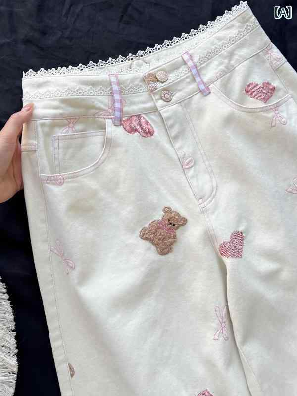 デニムパンツ レディース クマ刺繍 ストレートシルエット ホワイトデニム ボトムス ズボン ジーパン カジュアル 小柄対応 シンプル ベーシック 定番 ナチュラル スタンダード