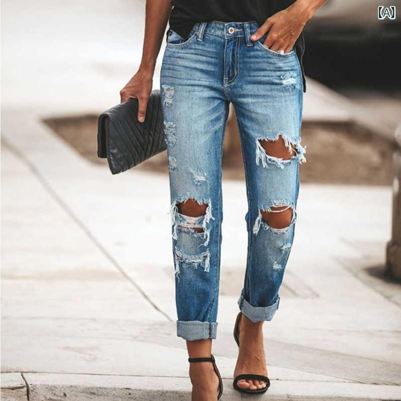 デニムパンツ レディース ストレート ダメージ加工 クラッシュ ジーパン ロング丈ボトムスズボンハイウエストシルエット定番カジュアルシンプルスタンダードベーシックナチュラル