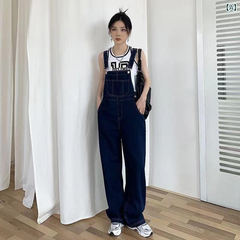 サロペット レディース デニム ワイドパンツ オーバーオール ロング丈 ハイウエストジーンズストレートシルエットカジュアルシンプルベーシック定番ナチュラル