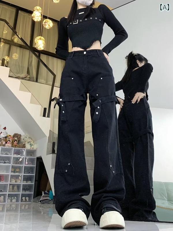 デニムパンツ レディース ハイウエスト セミフレアジーンズ スリム ストレートロングパンツ ボトムスカジュアルシンプルベーシックスタンダード定番ナチュラルワークパンツズボン無地ジーパンベルボトムブーツカットロング丈