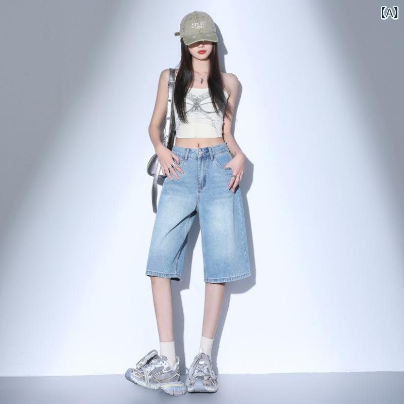 ハーフパンツ レディース ライトブルーデニム五分丈ハイウエストワイド幅シルエット低身長向け ストレートパンツ カジュアルパンツ ボトムス シンプルベーシック定番スタンダードナチュラル