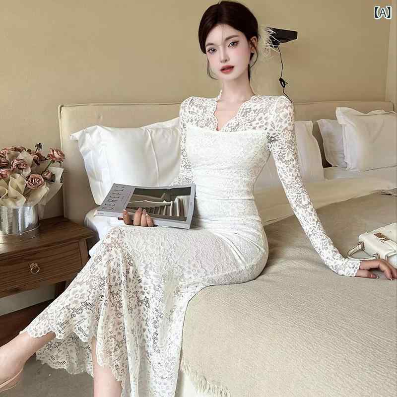 ワンピース レディース ロング丈タイトマーメイドシルエット 綺麗め上品結婚式二次会パーティー レース総レース透け感エレガント 大人フェミニンカジュアル ベーシックシンプルスタンダード定番ナチュラル