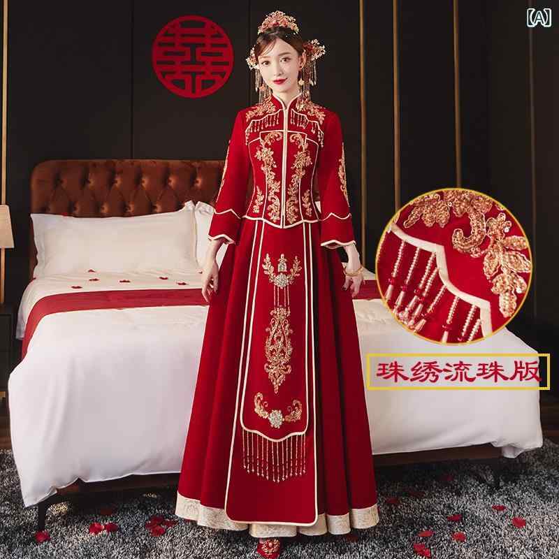 ウェディングドレス レディース ベルベット調刺繍入り立ち襟ロング丈 中華服チャイナドレス披露宴結婚式花嫁衣装二次会パーティー ドレスレッドエレガント上品華やか ベーシック定番ナチュラルスタンダード シンプルカジュアル