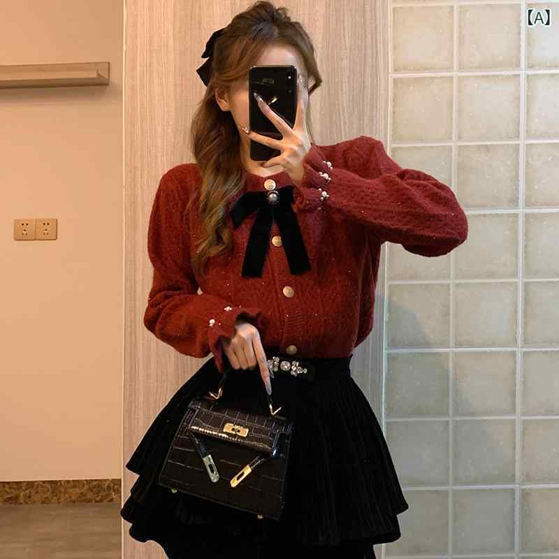 ニットカーディガン レディース リボン 配色 金ボタン ショート丈 クルーネック長袖トップス羽織りライトアウターきれいめフェミニン上品大人かわいいおしゃれカジュアルベーシック定番ナチュラルスタンダードシンプル