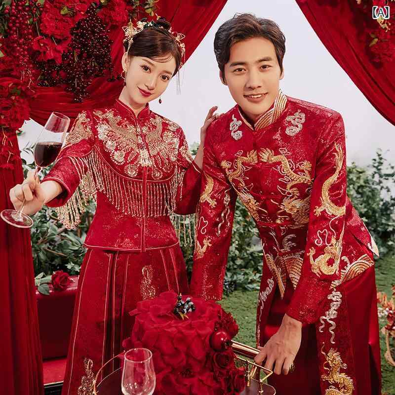 ウェディングドレス レディース 刺しゅうフリンジ中国式婚礼衣装タイトシルエット 結婚式披露宴前撮りフォトウェディング 二次会パーティー舞台衣装 華やか上品スタンダード ベーシック|やすらぎマーケット