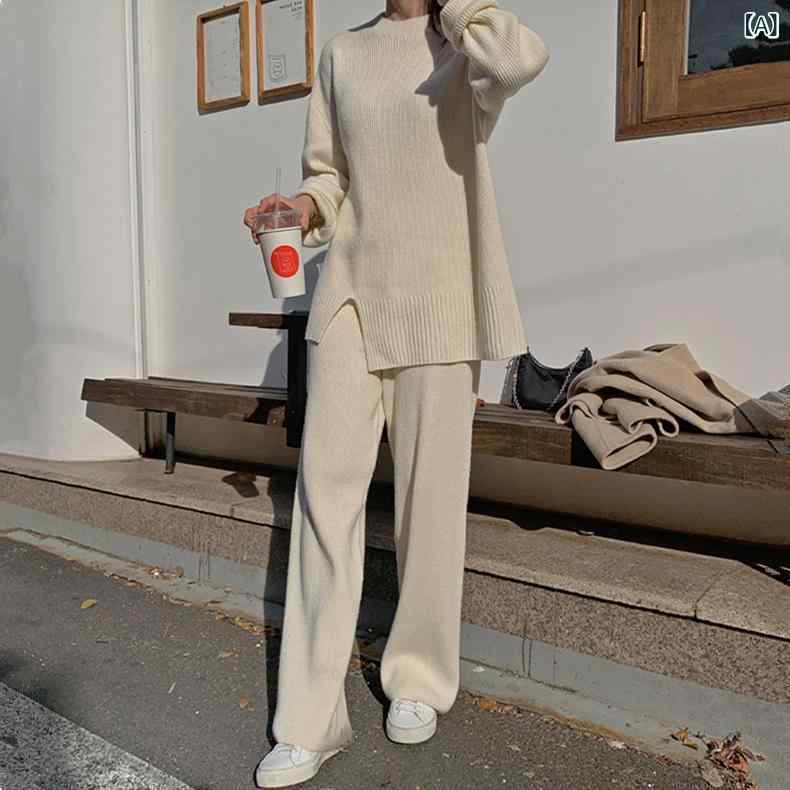 セットアップ レディース ニット セーター ワイドパンツ ストレート 上下セット ロングパンツ ウエストゴム 長袖 プルオーバー 無地 体型カバー ゆったり ラフ リラックス ルームウェア 外出 部屋着 シンプル ベーシック 定番 スタンダード カジュア
