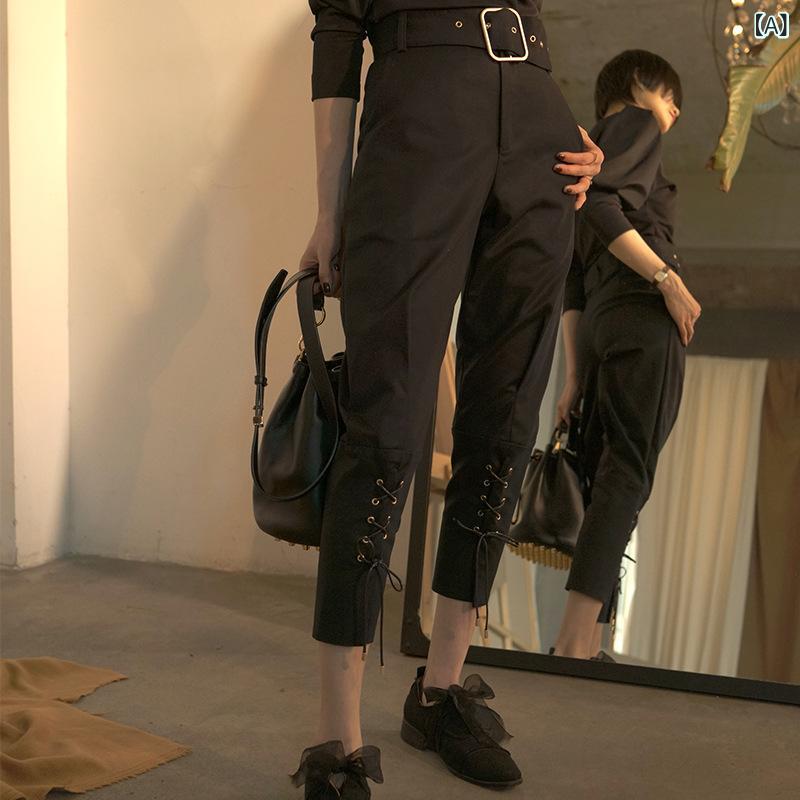 后宮ズボン下 レディース 九分丈 酉の方角紐 テーパードシルエット ズボン カジュアルボトムスシンプルベーシック定番スタンダードナチュラルシンプルベーシック定番標準尺度自然的